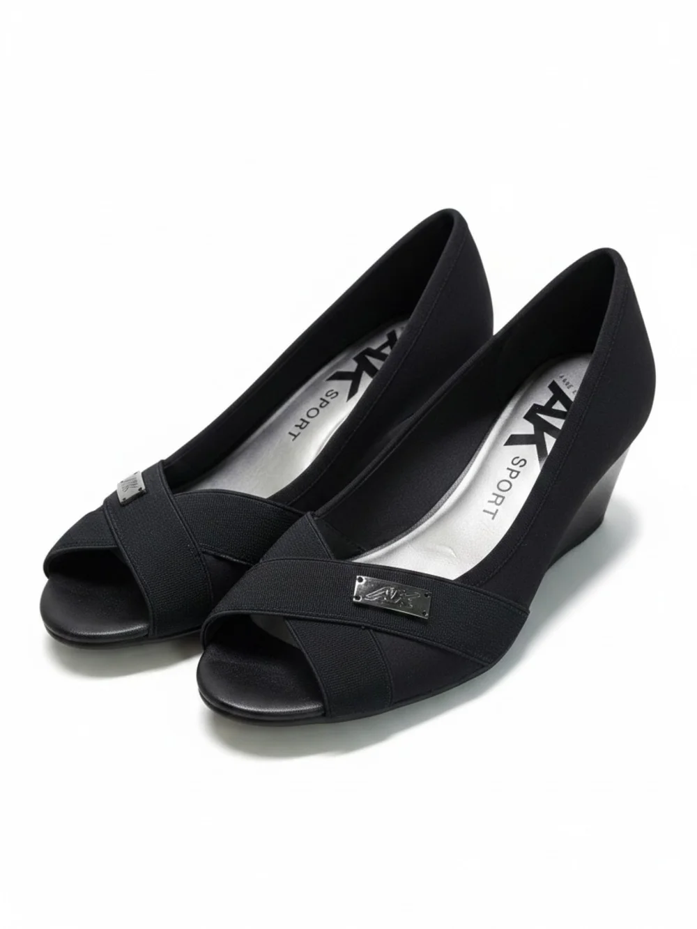Anne Klein Black Open-Toe Wedge Pumps with Crossover Straps Black Size 7 - Picture 1 of 6